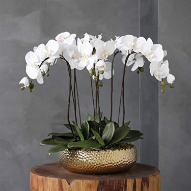 Imagem de DCYEQRQ Flor artificial em vaso de orquídeas flores artificiais Phalaenopsis com vaso de cerâmica, arranjo de bonsai artificial para casa, escritório, festa, mesa de jantar, centro