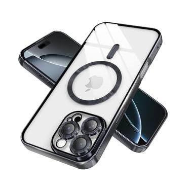 Imagem de BOBULIER Capa transparente magnética para iPhone 16 Pro Max com capa de câmera completa | Compatível com MagSafe | TPU antiamarelamento e moldura brilhante, ajuste fino à prova de choque - preta