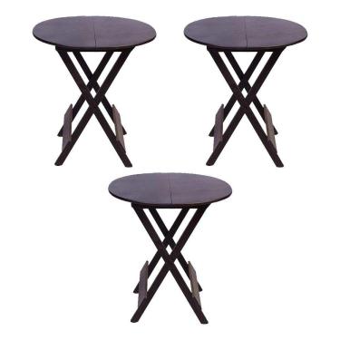 Imagem de Kit 3 Mesas Redondas Dobráveis Em Madeira Maciça 70X70 Marrom Ideal Para Bares E Restaurantes