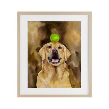 Imagem de Stupell Industries Golden Retriever com bola de tênis, impressão emoldurada sob vidro, design de George Dyachenko, 40,6 x 33,5 cm