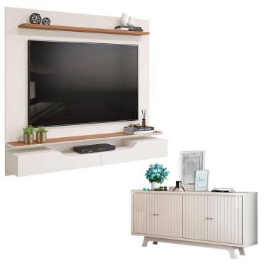 Imagem de Painel para Tv Levi Off White Freijó e Aparador Buffet Brise Off White - DJ Móveis