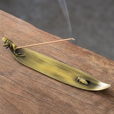 Imagem de Suporte de incenso de folha de bambu, cor bronze, 23 cm, com 3 furos, apanhador de cinzas para meditação e decoração de casa