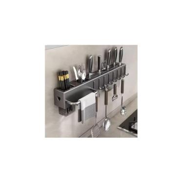 Imagem de Suporte Organizador de Parede para Utensílios de Cozinha, Aço Inox, Cinza, 39,5 x 5,3 x 6,8 cm, 6 Ganchos, com Sistema de Fixação
