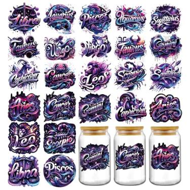 Imagem de Adesivos Zodiac UV DTF - 24 folhas roxas Leão Sagitário UV DTF envoltórios de copo para garrafa de água de vidro de 473 ml, adesivos de transferência à prova d'água Libra Taurus decalques DIY caneca