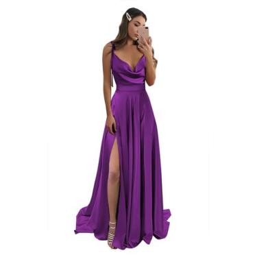 Imagem de Vestido de dama de honra de cetim roxo Monvelli com bolsos para mulher