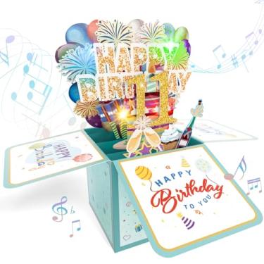 Imagem de NANXU Cartão de presente de feliz aniversário de 11 anos com luzes sopráveis e música, cartões de aniversário dobráveis 3D engraçados para homens e mulheres, presentes de saudação para crianças de 11