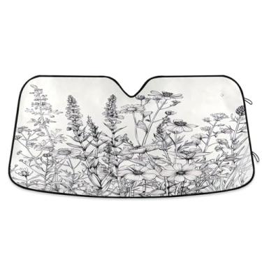 Imagem de ATTX Pára-brisas de carro flores pretas e brancas 144.8 cm x 80.0 cm Protetor solar universal com proteção UV, persiana de janela frontal automática dobrável para caminhões Sedans SUVs #984