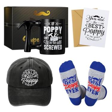 Imagem de Bonuci Conjunto de 5 peças de presentes de papoula para o Natal, Dia dos Pais, inclui o melhor boné bordado de papoula do mundo, meias de café com alça de martelo, cartões com envelopes, ideias de