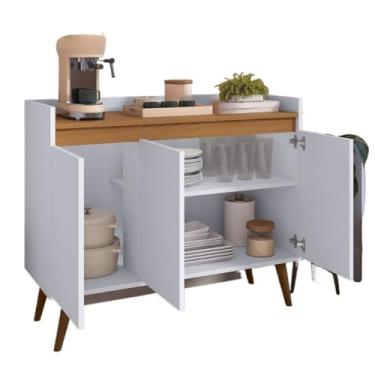 Imagem de Aparador Buffet Sala De Estar Cantinho Café Armário Cozinha 2,3,4 Portas Organizador Prático(Lívia 3 Branco Com Freijó)