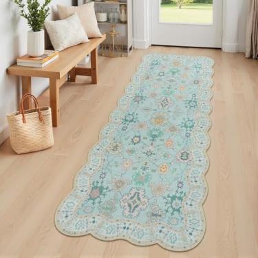 Imagem de LORWER Tapete de corredor de banheiro lavável Oushak 2x6, Eclético Boho Floral Pastel, Antiderrapante Pelo Baixo Azul Pequeno Tapete para Quarto, Lavandaria, Lavandaria
