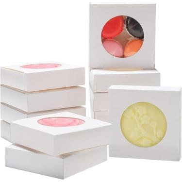Imagem de 20 caixas pequenas de embalagem de sabonete, 9 x 9 x 4 cm, caixas de papel quadradas brancas, caixa de embrulho de presente com janela transparente redonda para biscoitos, bolos, doces, sabonete