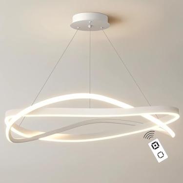 Imagem de Luminária pendente LED moderna e regulável, ideal para sala de estar, ilha de cozinha com design circular branco, mesa de jantar e quarto. Diâmetro: 60 cm, 50 W.