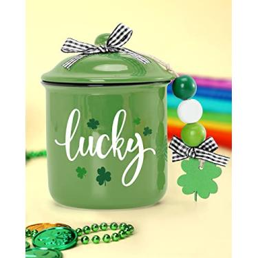 Imagem de St. Patrick's Day Tiered Tray Decor Lucky Ceramic Canister Saint Patty's Day Bowl Candy Holder with Buffalo Plaid Bowknot Shamrock Wood Beads Farmhouse Home Table Centerpiece Decoration Supplies