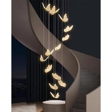 Imagem de Lustre LED em formato de borboleta, luminária pendente decorativa para escada, altura ajustável, para uso interno em residências, com luz dourada, dimerizável, ideal para sala de estar, rest