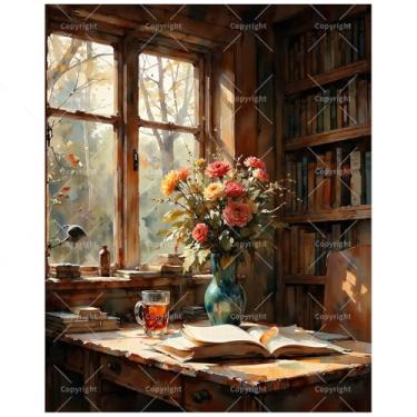 Imagem de Kit aconchegante de pintura por números para adultos – Pintura de estante DIY em tela 40,6 x 50,8 cm, conjunto de tinta acrílica, adequado para iniciantes, excelente para decoração de casa ou