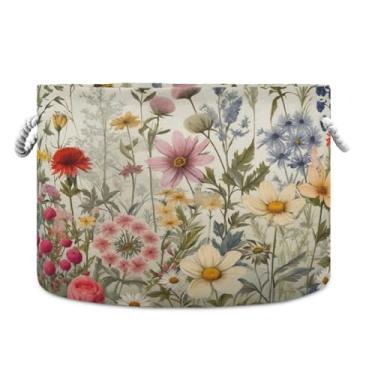 Imagem de JUZIHAI Cesta de armazenamento dobrável de flores silvestres para bebês, cesto de roupa suja, cobertor com alças de corda de algodão, caixa organizadora de armário dobrável para quarto, berçário, casa