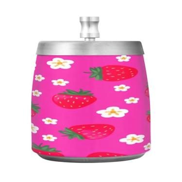 Imagem de Qilmy Cinzeiro de flores de morango de aço inoxidável com tampa - Cinzeiro de cigarro à prova de vento sem cheiro sem fumaça para casa, escritório, carro, pátio, varanda (uso interno e externo)