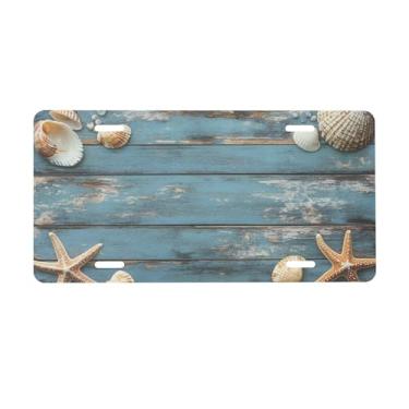 Imagem de Placa de licença de estrela do mar de madeira azul para placas de carro dianteiras de alumínio metal adequado para caminhão, placa de porta de carro, bar, café, acessórios automotivos para homens e