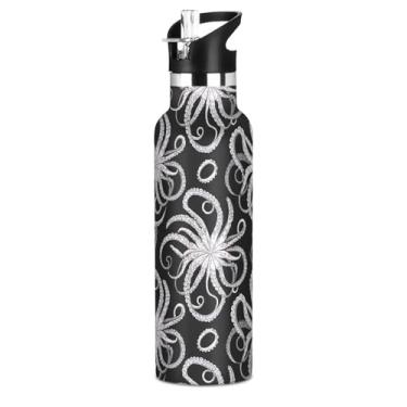 Imagem de Garrafas de água isoladas de 590 ml com tampa e alça de palha, garrafa de água escolar livre de BPA, copo de viagem de aço inoxidável à prova de vazamento, branco cinza polvo preto