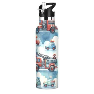 Imagem de Joisal Garrafas de água fofas de caminhão de bombeiro com tampa de palha, garrafas de água de aço inoxidável isoladas para meninos e meninas 590 ml, copo de viagem à prova de vazamento de parede dupla