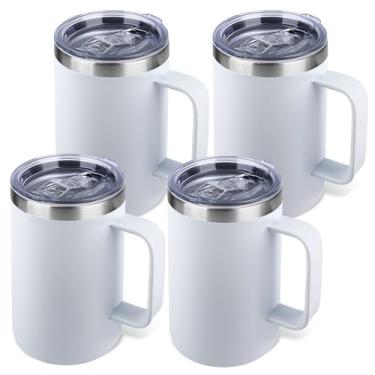 Imagem de Zynkify Caneca de café isolada de 623 g com alça e tampa à prova de vazamento - Copo de viagem de aço inoxidável de parede dupla a granel para deslocamento/escritório/casa, branco, pacote com 4