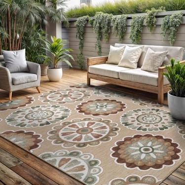 Imagem de Tapete para ambientes externos, 20 x 25 cm, lavável, tapetes para ambientes internos e externos, bege, boêmio, medalhão, impermeável, fácil de limpar, terraço, varanda, sala de estar, quarto, jardim