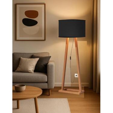Imagem de Luminária Abajur Sala Closet De Chão Viena Pé Madeira Cúpula Preta Des