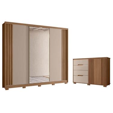 Imagem de Guarda Roupa Casal Arizona 3 Portas de Correr 6 Gavetas Carvalho Fendi com Espelho