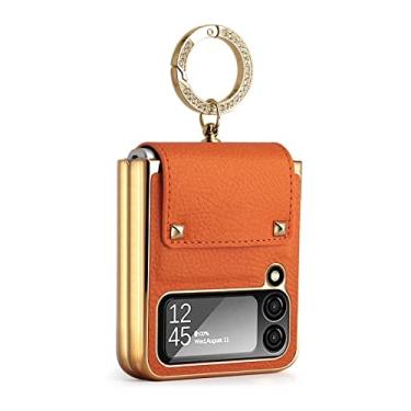 Imagem de MEOORHE Capa de telefone de couro de luxo com lente de vidro protetora para Samsung Galaxy Z Flip 3/Z Flip 4 5G Shell, anel de ouro fashion capa de suporte (laranja, Z Flip 4)