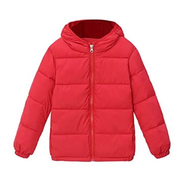 Imagem de Jaqueta juvenil média infantil meninos meninas jaqueta quente de inverno agasalhos casacos sólidos com capuz preenchimento (vermelho, 6-7 anos)