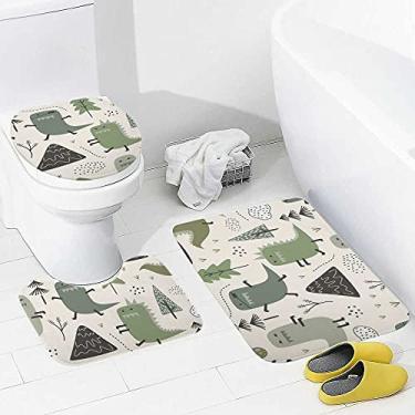 Imagem de Conjunto de 3 peças de tapetes de banheiro com tema de árvore de dinossauro, tapete de banheiro lavável antiderrapante, tapete de contorno e tampa para banheiro