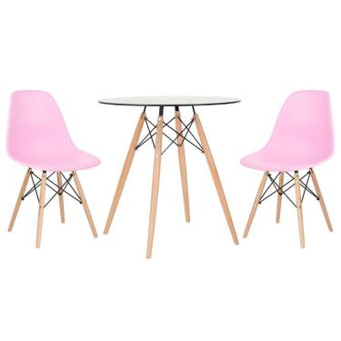 Imagem de Mesa Redonda Eames Com Tampo De Vidro 70 Cm + 2 Cadeiras Eiffel Dsw Rosa Claro