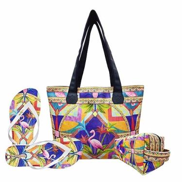 Imagem de Kit Tropical Feminino Geométrica com Bolsa, Necessaire e Chinelo Magicc Bolsas KIT-206