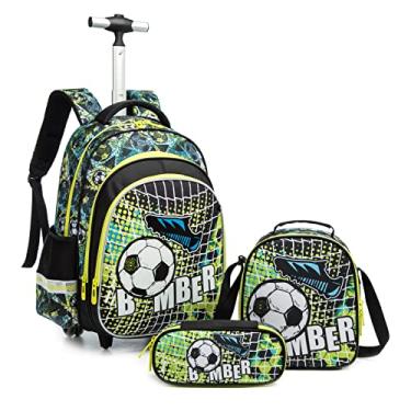 Imagem de Mochila de futebol com rodinhas para meninos mochila com rodas trolley mochila e lancheira conjunto para meninos bagagem infantil com rodas para meninos