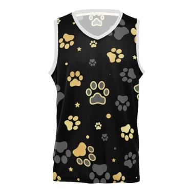 Imagem de KLL Camiseta de basquete masculina Gold Dog Paw Print and Star para treino de time durável para jovens adultos, Estampa de pata de cachorro dourado e estrela, XXG