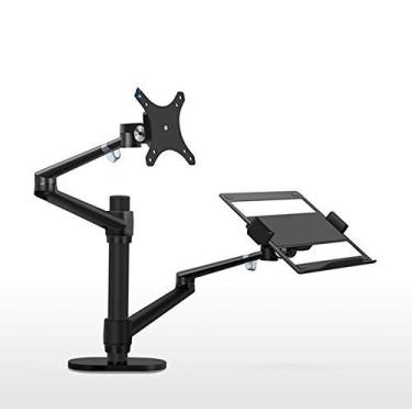 Imagem de Suporte de monitor de mesa ajustável de altura de alumínio com braço duplo de 17 a 32 polegadas + suporte para laptop de 10 a 17 polegadas OLL-3L braço de montagem em movimento completo (preto)