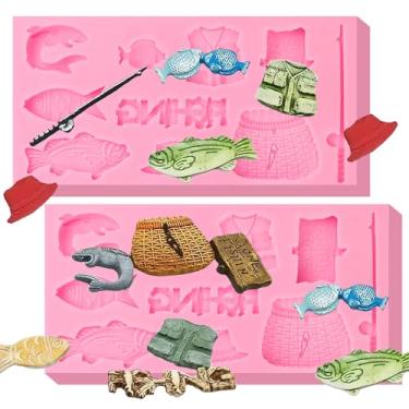 Imagem de ICOCONG Mini molde de silicone para ferramenta de pesca, camarão, pescador, caixa de peixe, roupas, decoração de bolo, molde de fondant, para chocolate, doces, artesanato de açúcar, pasta de flores,