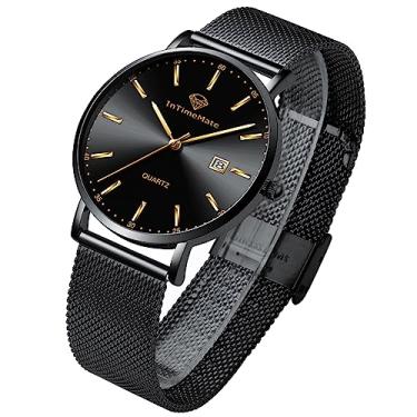 Imagem de INTIMEMATE Relógios masculinos minimalistas, relógio social com alça de malha para homens, relógio masculino com data e dia, relógio masculino de prata, relógio social para homens, relógio azul para homens, relógio masculino moderno de quartzo, relógios pretos impermeáveis, relógio preto masculino