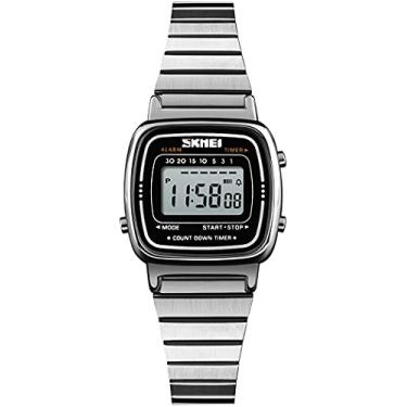 Imagem de MASTOP Relógio digital feminino, clássico, simples, pequeno, eletrônico, quartzo, quadrado, fino, de aço inoxidável, Prata, Relógio digital de quartzo