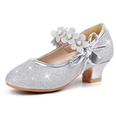 Imagem de PANDANINJIA Sapatos sociais para meninas, sapatos infantis de salto alto, florista, Mary Jane, escola, festa de casamento, sapatos de princesa, Glitter prateado, 11 Little Kid