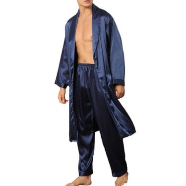 Imagem de Pzgwan Lapela Masculina 2 Pcs Simulação Kimono de Seda Roupão set Loungewear Leve Manga Longa Conjunto de Roupa de Noite,Blue,L