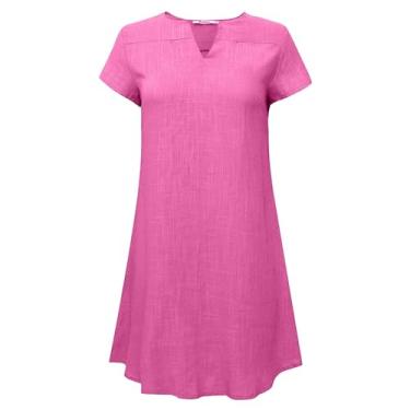 Imagem de Camisetas femininas de manga curta cor sólida gola V longa casual plus size, rosa, 5G