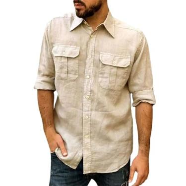 Imagem de Camisetas masculinas primavera outono algodão linho manga comprida bolso duplo ferramentas lapela camisa masculina roupas masculinas, Caqui, M