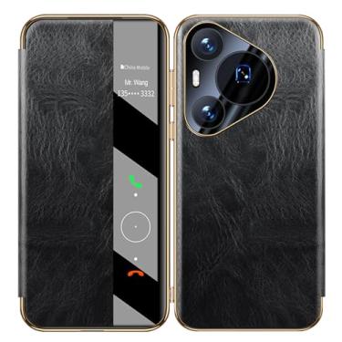 Imagem de HAZARA Capa de couro genuíno para Huawei Pura 70 Ultra/70 Pro/70 Pro+/70, capa flip Clear View, capa fólio empresarial, capa de proteção de lente revestida, dourada, 70 Pro+