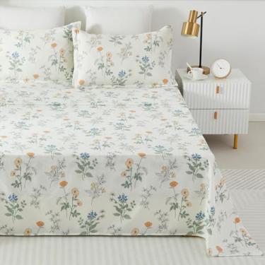 Imagem de Helthep Jogo de lençol solteiro, 100% algodão, branco, floral, estampado, lençol de solteiro com 44,5 cm de profundidade, 4 peças, lençol botânico de flores vintage para cama de solteiro