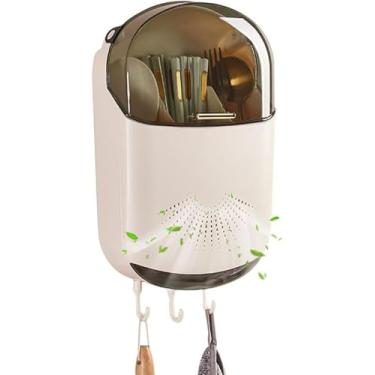 Imagem de Escorredor de talheres de cozinha Suporte de utensílio de cozinha montado na parede Caixa de embalagem de talheres de cozinha Recipiente de pauzinho com tampa Pendurado (Branco)
