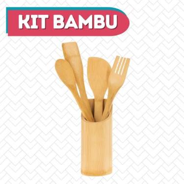 Imagem de Conjunto Talheres De Madeira Cozinha + Suporte Bambu - 5 Peças - belaH