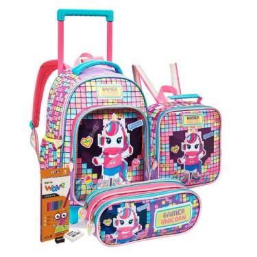 Imagem de Conjunto Escolar Infantil Completo P/ Meninas Mochila de Rodinhas Lanc