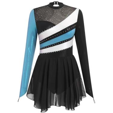 Imagem de Vestido feminino de patinação no gelo, manga comprida, traje de patinação artística, collant de ginástica rítmica, saia de chiffon brilhante, Azul + preto, G