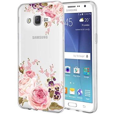 Imagem de Ueokeird Capa para Galaxy J7, capa J700 com flores, fina à prova de choque com estampa floral transparente macia flexível TPU traseira enseada para Samsung Galaxy J7 J700 2015 rosa